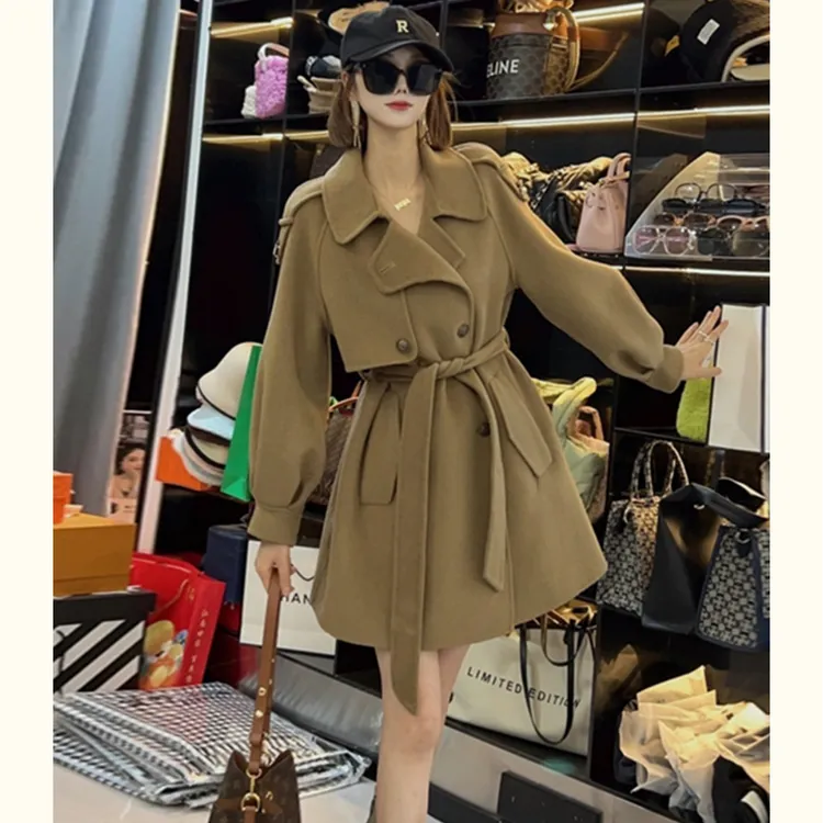 简漫羊绒馆秋冬新款双面羊毛大衣女中长款气质显瘦系带毛呢外套女