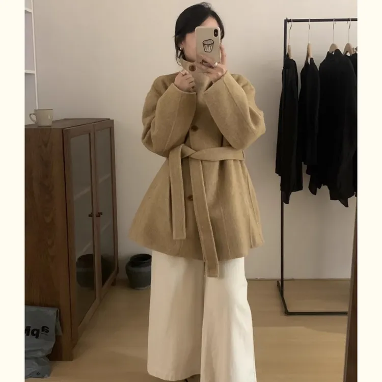立领系带短款双面羊毛大衣女韩系高领宽松显瘦毛呢外套上衣女