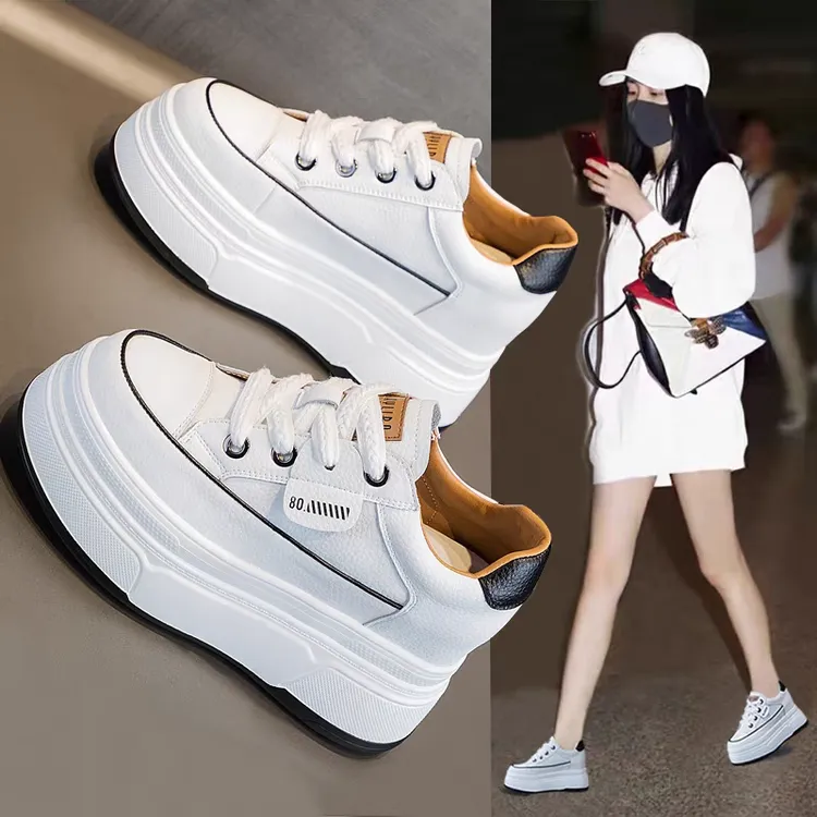 内增高9cm高跟小白鞋女小个子不累脚厚底真皮松糕鞋2025秋季爆款