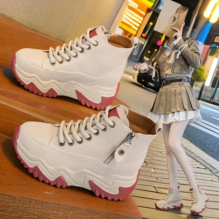 内增高7cm厚底真皮高帮鞋女款isn韩版不累脚休闲短靴2025秋季爆款