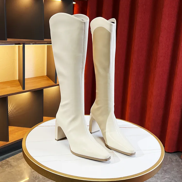 复古长靴女粗跟2023年秋冬新款英伦风不过膝中跟骑士靴尖头高跟鞋