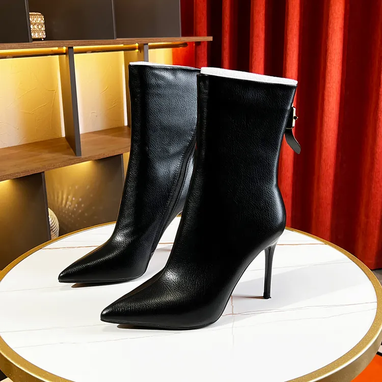 短靴女细跟2023年秋冬新款加绒斜拉链中筒尖头气质绝美高跟瘦瘦靴