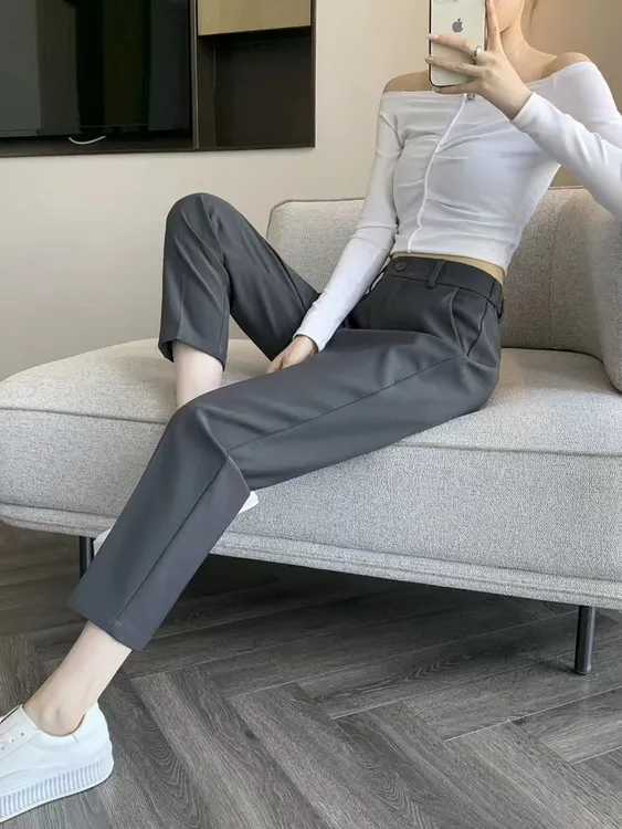黑灰西装裤女夏季小个子显瘦裤子职业垂感哈伦九分休闲烟管裤子女