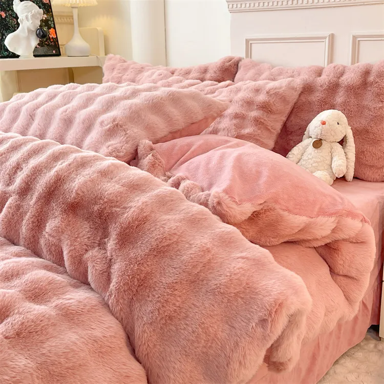 ins粉色托斯卡纳兔兔绒四件套双面绒被套珊瑚绒牛奶绒床单冬季厚4