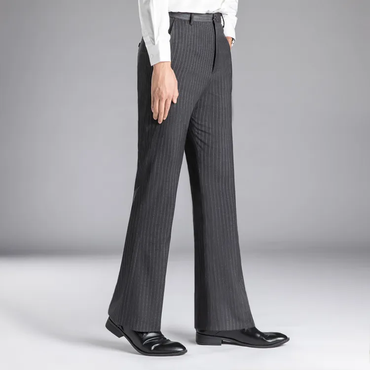 YUEMOYI条纹显瘦微喇叭裤弯刀男士春夏高腰垂感直筒修身休闲裤