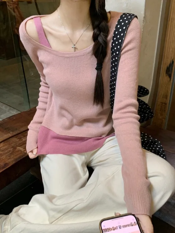 假两件圆领长袖针织衫女秋季温柔设计感小众撞色修身不规则上衣女