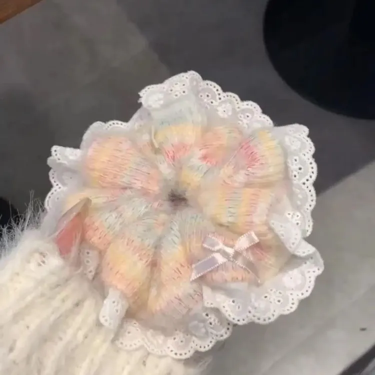 甜美少女秋冬毛绒彩色大肠法式发圈高级蕾丝毛线马尾发绳头绳发饰