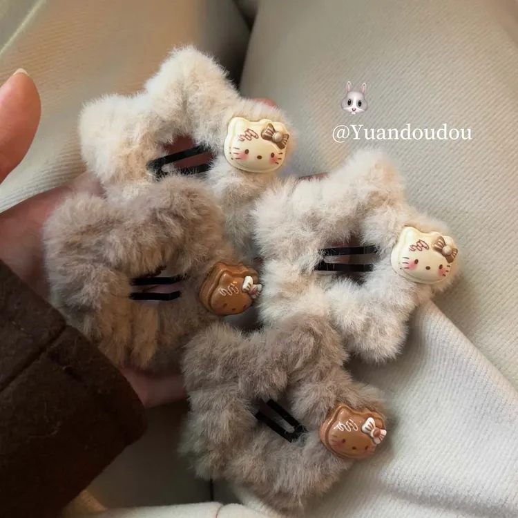 可爱简约kt咖色系毛线五角星发夹女侧边夹碎发毛绒星星头饰刘海夹