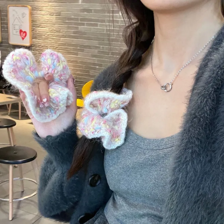 suzyacc kr少女心粉色毛绒编织发圈秋冬高级感后脑勺绑头发大肠圈