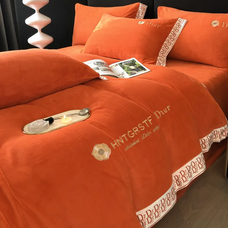 水星高端系列家纺爱马橙加厚保暖牛奶绒床上四件套双面珊瑚绒被套