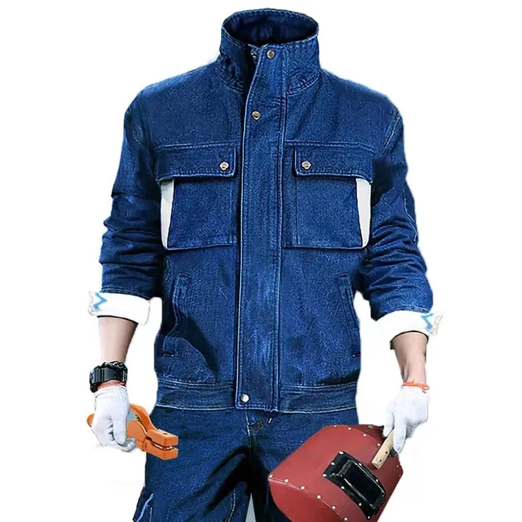 加厚立领电焊牛仔工作服套装防烫耐磨建筑工地船厂机修电焊劳保服