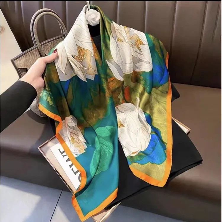 荷塘月色 丽锦缎90*90大方巾丝巾披肩高档百搭气质韩版围巾