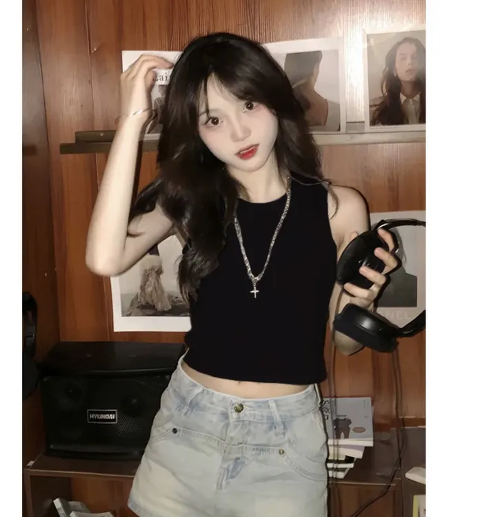 短款美式辣妹工字小背心女2025夏季甜酷风复古黑色小个子无袖上衣