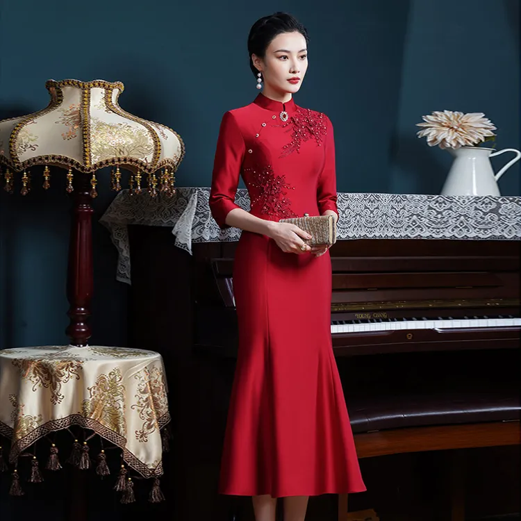 订婚改良旗袍刺绣高贵喜婆婆妈妈婚宴装婚宴小个子丈母娘结婚洋气