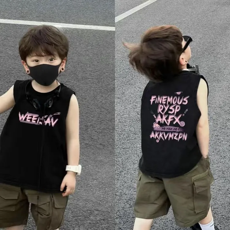 2025新款儿童美式夏装背心薄款男童帅气无袖t恤潮流上衣
