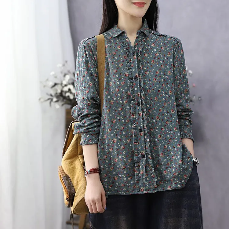 复古文艺春季女士大码新款小碎花棉麻衬衫女长袖开衫宽松打底衫女