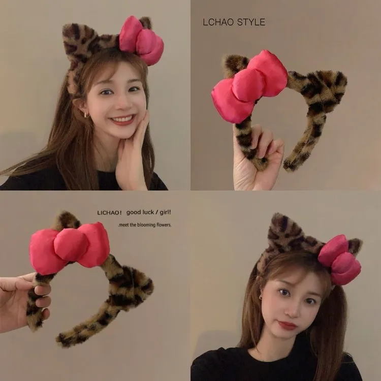 可爱粉蝴蝶结个性网红头饰毛绒发箍猫耳朵头箍女秋冬洗脸发箍洗脸