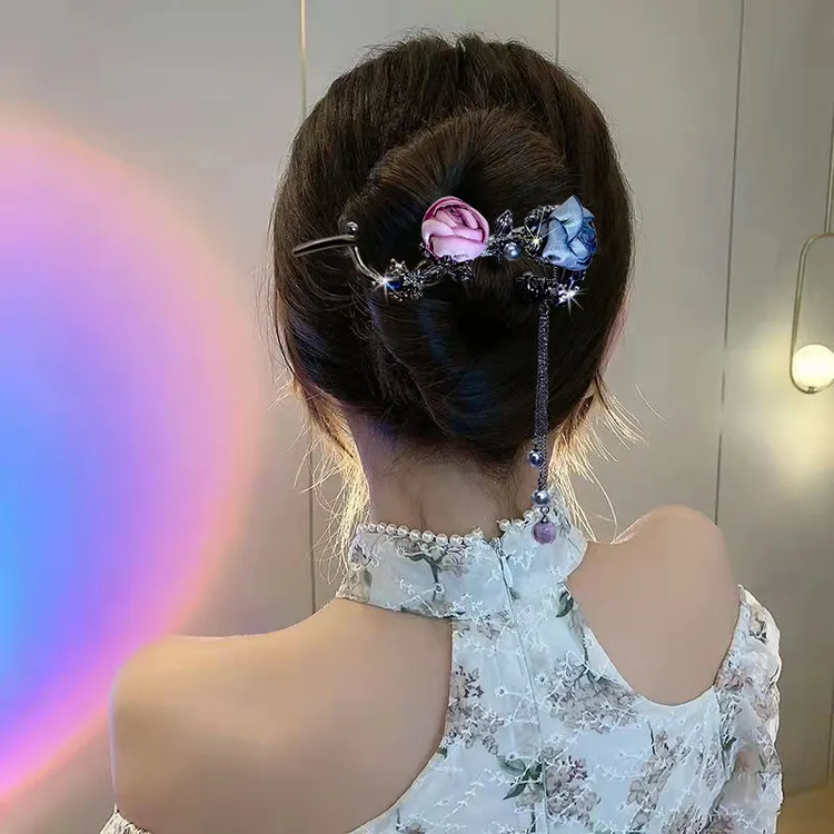 复古爆款玫瑰花流苏一字扣2024新款后脑勺古风扭扭发夹高级感发饰