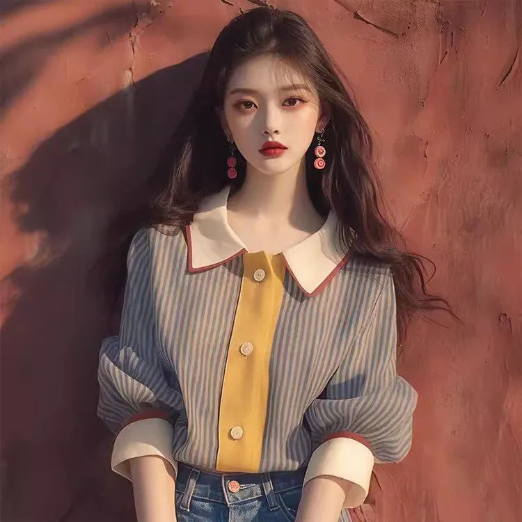 早秋2024新款小众独特别致洋气宽松显瘦韩系减龄漂亮拼接条纹衬衫