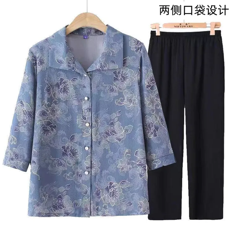 老年夏装两件套70岁七分袖衬衫奶奶装套装宽松妈妈衬衣80老人秋季