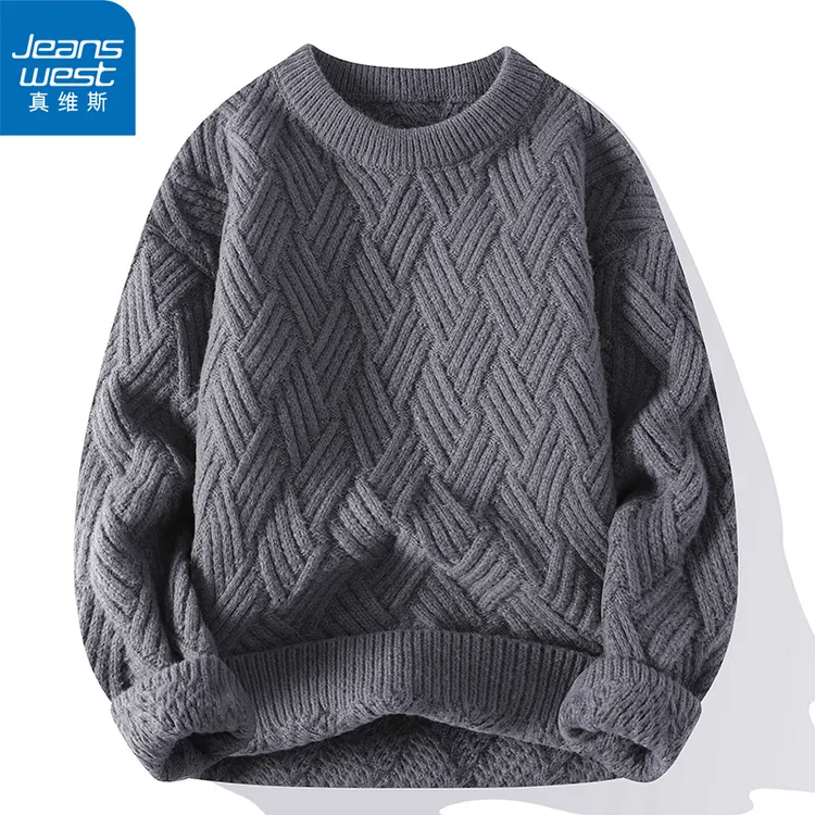 纯真维斯色圆领男士编织状针织毛衣2024冬季加厚新款潮流宽松线衣