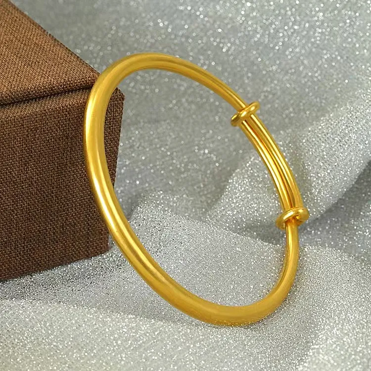 铜合金手镯 古法时尚推拉素圈手镯正品仿真金色镯子黄镀金调节