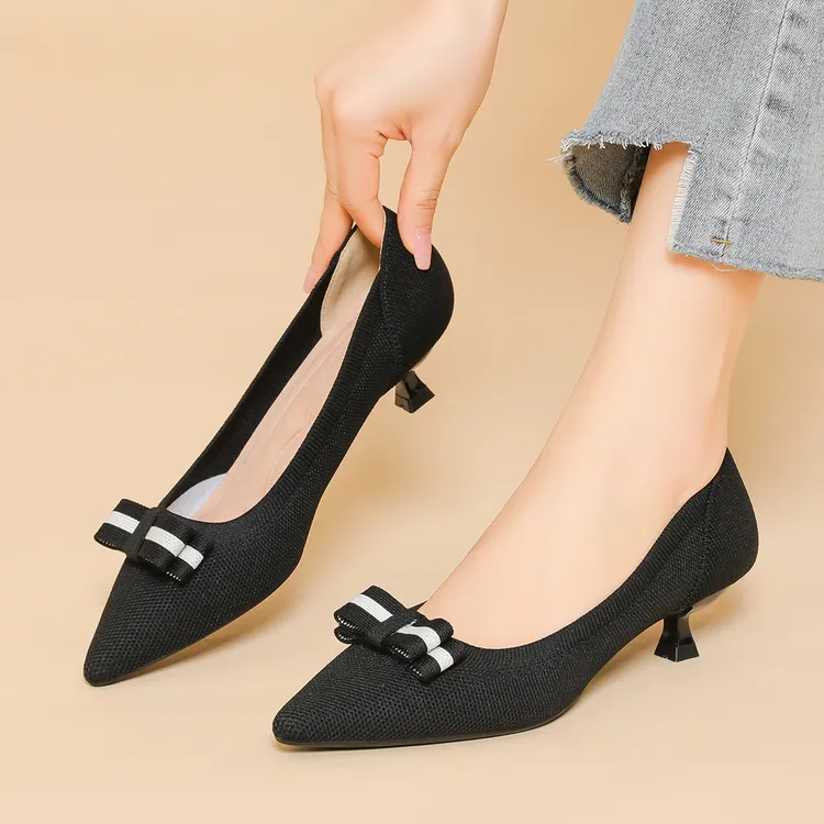 2025年新款春秋蝴蝶结浅口高跟鞋百搭舒适单鞋时尚小香风气质女鞋
