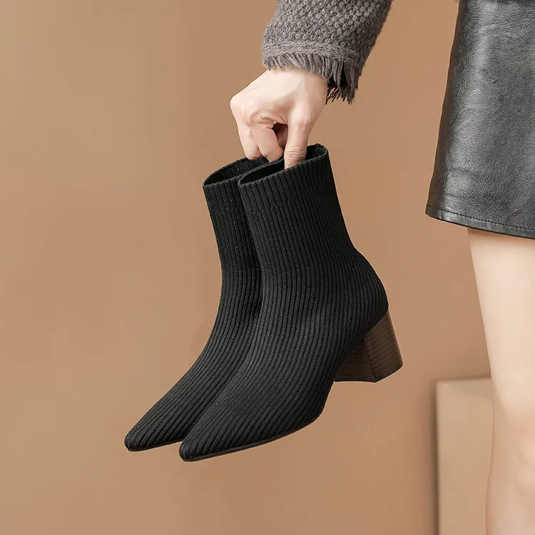 黑色针织粗跟女靴中筒短靴尖头高跟瘦瘦秋冬裸靴加绒弹力靴子洋气