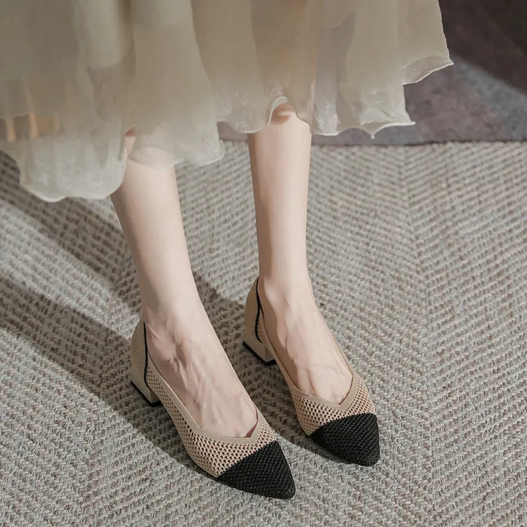 夏季新款镂空欧若风粗跟高跟鞋浅口舒适百搭单鞋法式小香风工作鞋