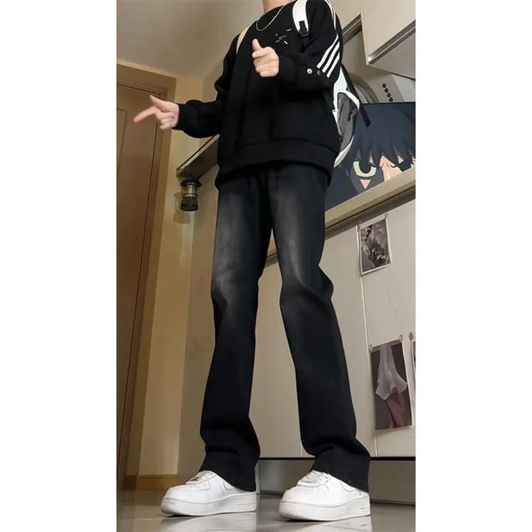 复古黑弹力微喇牛仔裤男春秋季美式高街直筒裤子潮牌修身显瘦长裤