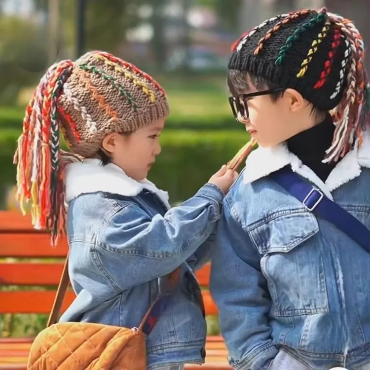 儿童秋冬季脏辫假发帽男女童针织宝宝街头嘻哈加绒毛线帽保暖冷帽