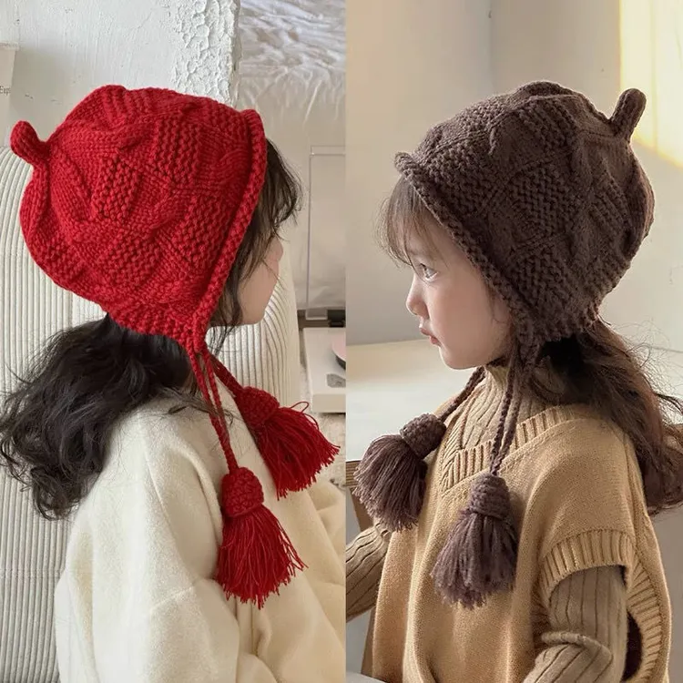 女童流苏公主帽子秋冬季保暖可爱吊穗毛线针织帽儿童护耳防风帽潮