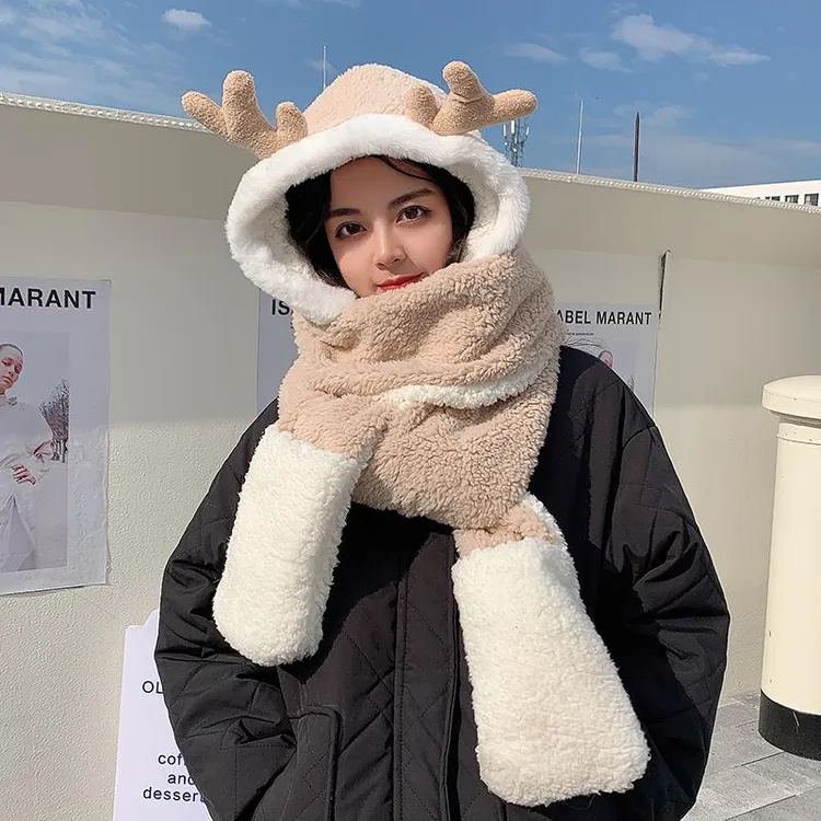 鹿角帽子女秋冬季百搭可爱毛绒护耳冬天手套围巾一体防寒保暖连帽