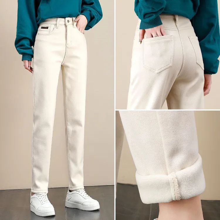 加绒加厚牛仔裤女士外穿2025冬季加绒爆款米白色烟管窄版直筒裤子