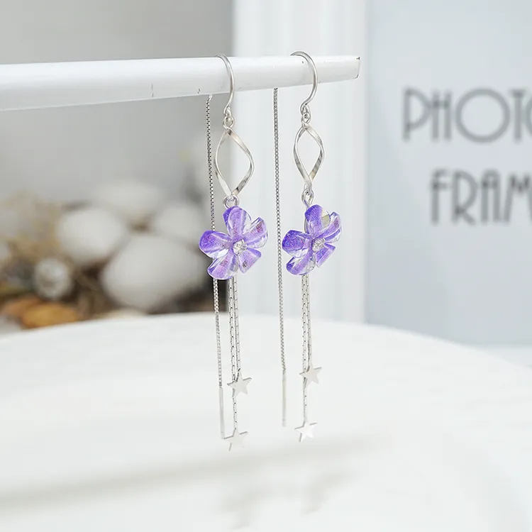 925银仿水晶耳饰 紫色花朵耳环防丢耳线295EX超仙长款气质