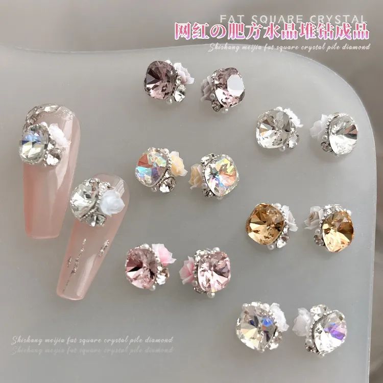 堆堆钻美甲饰品夏季新款水晶花朵堆钻冰透玫瑰月季花肥方成品堆钻