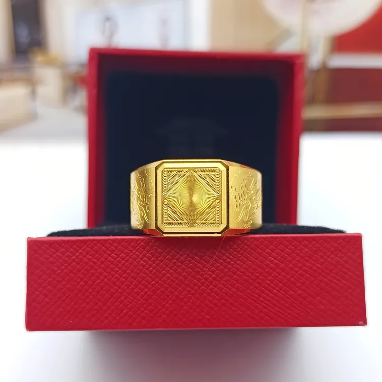 足金999CNC精工霸气龙纹八卦吉字精致几何男士立体方形黄金戒指