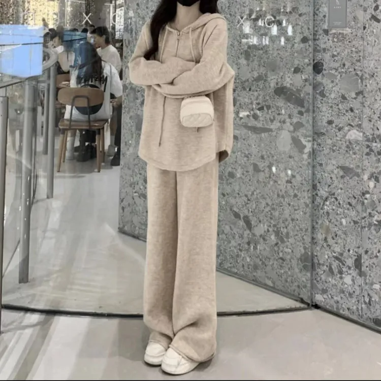 【极简主义】2024新款秋装慵懒风连帽套头上衣+直筒休闲裤针织套装