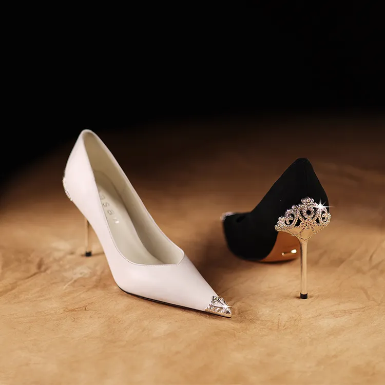 尖头细跟浅口单鞋久站不累的真皮女鞋新款白色气质女人味高跟鞋