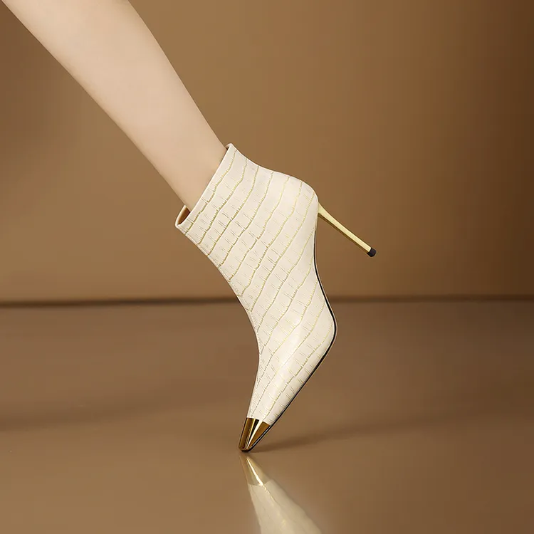 8公分细跟尖头短靴白色秋冬季加绒女靴百搭真皮气质高跟小裸靴