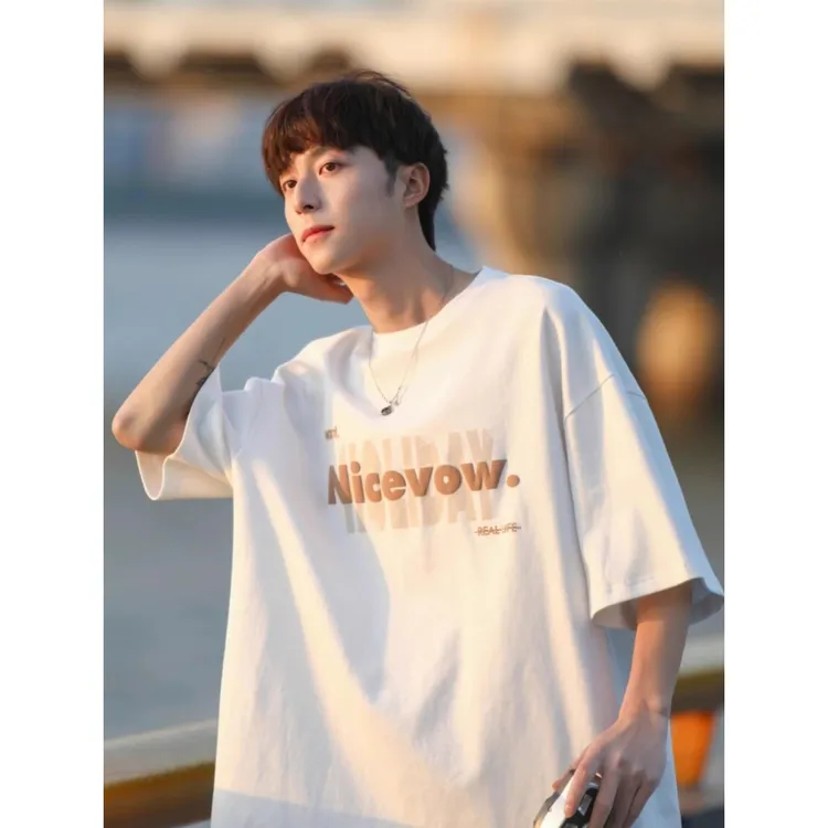 2024短袖t恤男宽松大码圆领潮流印花潮牌百搭重磅纯棉T恤半袖ins