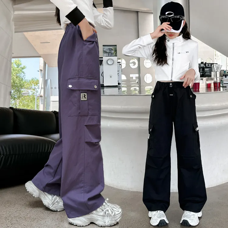 女童纯棉工装裤春秋装新款洋气儿童时髦宽松裤子中大童直筒阔腿裤