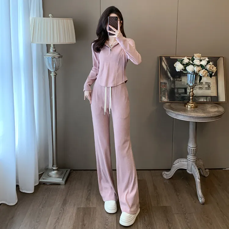 2026女早春新款休闲运动套装收腰显瘦半拉链连帽卫衣阔腿裤两件套