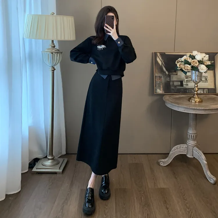 高级感时尚黑色套装裙女春季新款御姐气质拼接卫衣半身裙两件套潮