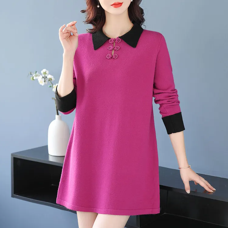 早秋薄款毛衣裙女中长款休闲针织打底衫加肥加大中老年遮肚内搭