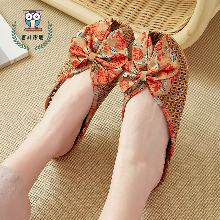 【双色】夏季藤草编织亚麻厚底女韩版蝴蝶结包头凉席竹编厚底情侣