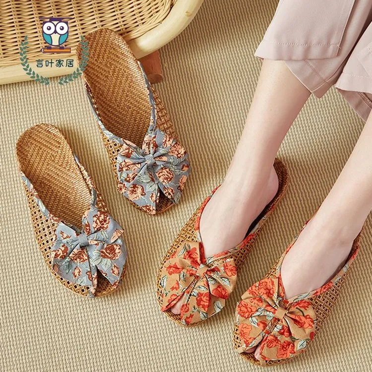 夏天夏季藤草编织亚麻厚底女韩版蝴蝶结包头凉席竹编厚底居家外穿