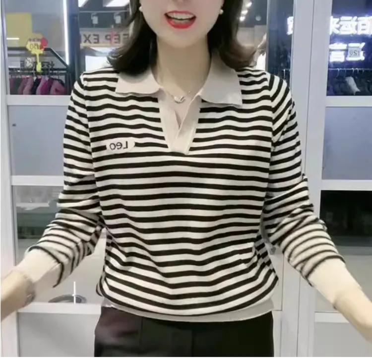 春秋款时尚妈妈新款大码女装翻领长袖上衣中年条纹显瘦休闲Polo衫