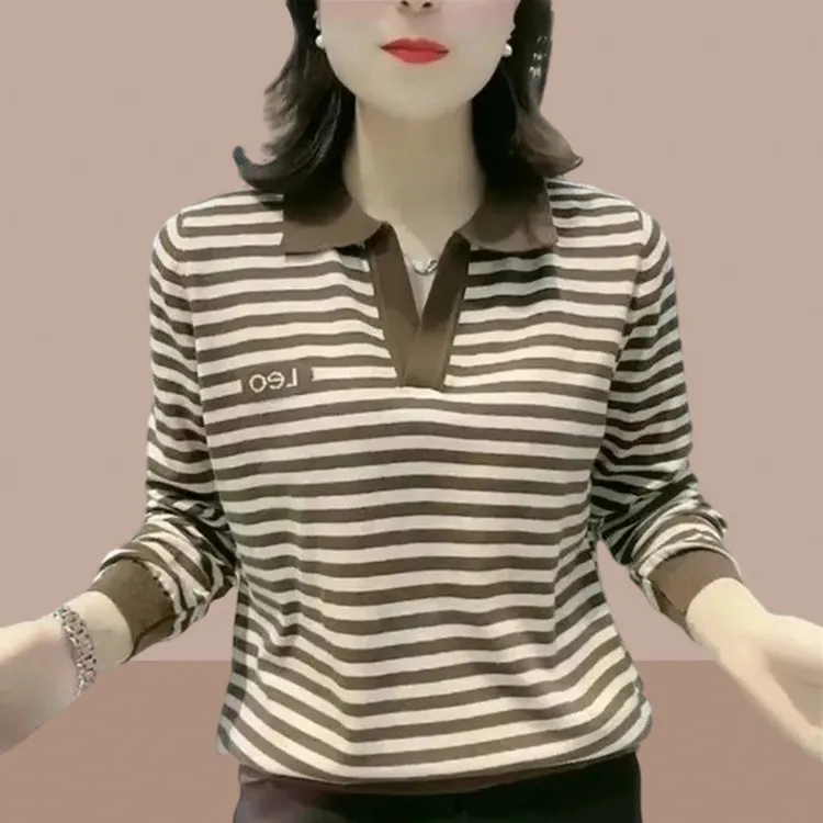 大码长袖t恤女条纹显瘦减龄polo衫2024春秋时尚中年妈妈宽松上衣