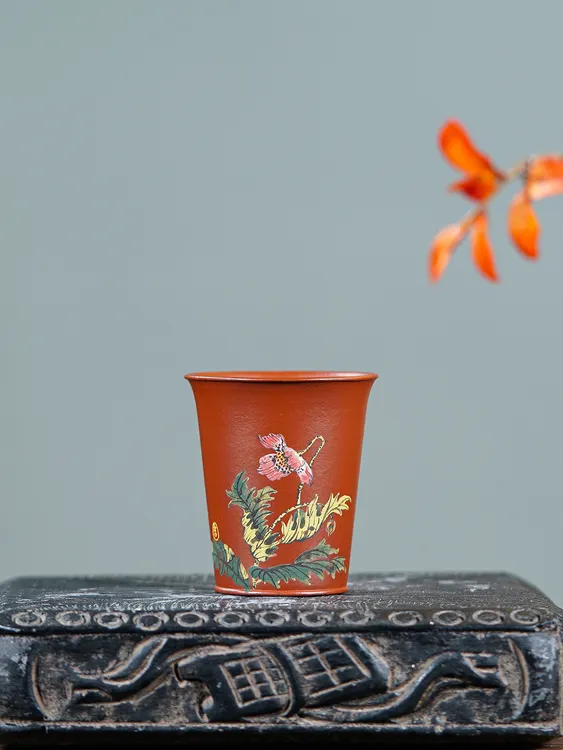 微月紫砂 原矿朱泥大红袍纯手工主人杯 泥绘精品闻香杯 手绘